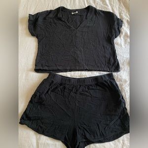 Universal Thread Black Muslin Cotton V Neck + Shorts Set